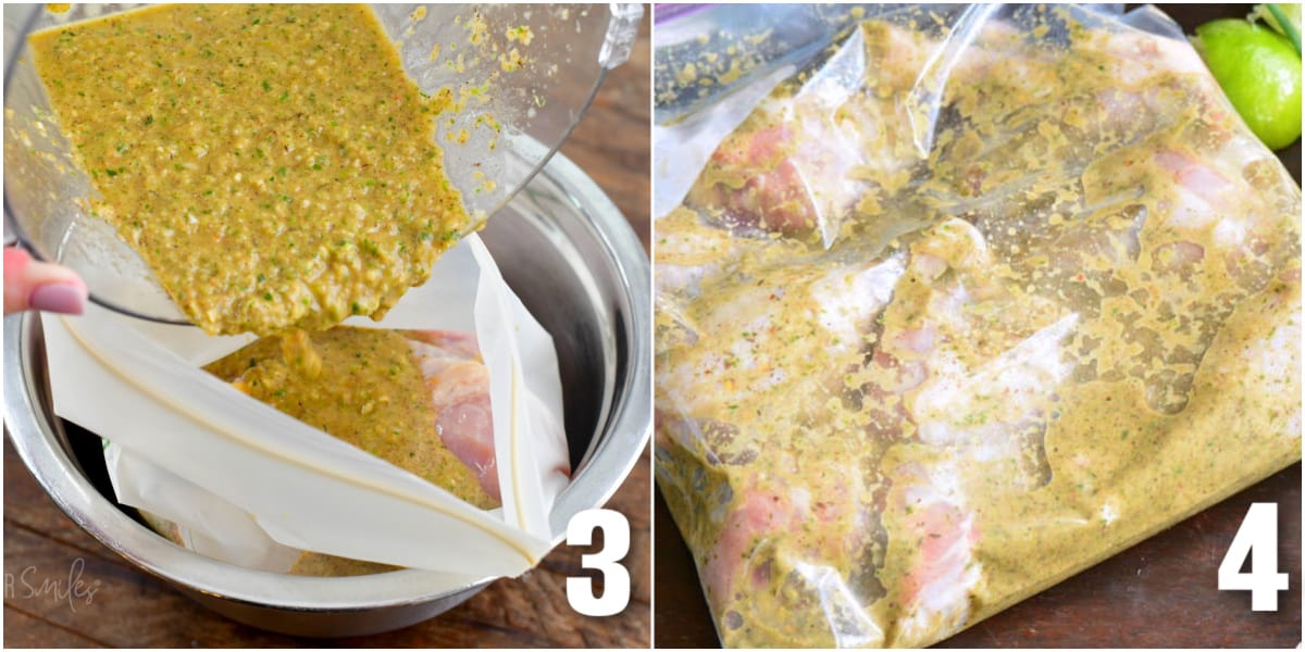 collage of two images of adding jerk marinade to the chicken and chicken marinating in a bag.