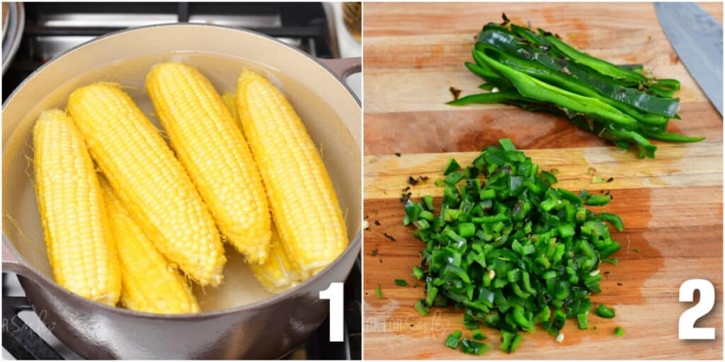 collage of boiling corn on the cob and diced charred poblano.