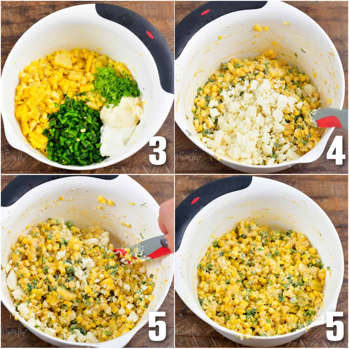 collage of four images of corn salad ingredients in a bowl, and mixing in queso fresco.