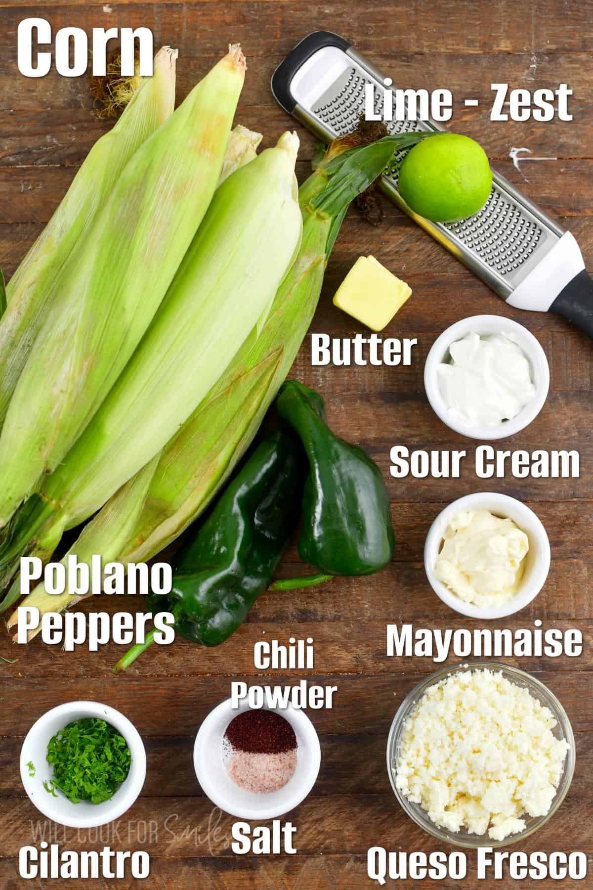 labeled ingredients to make Mexican street corn salad.