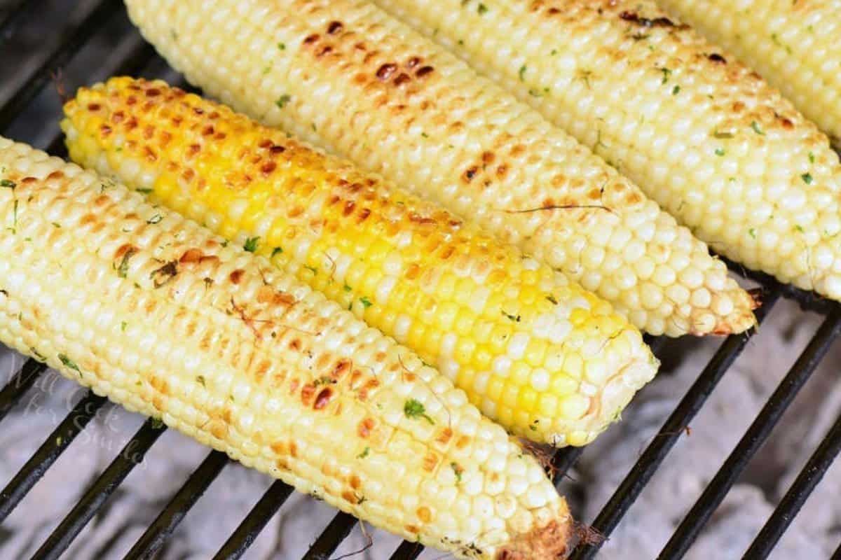 several corn on the cob on the grill.