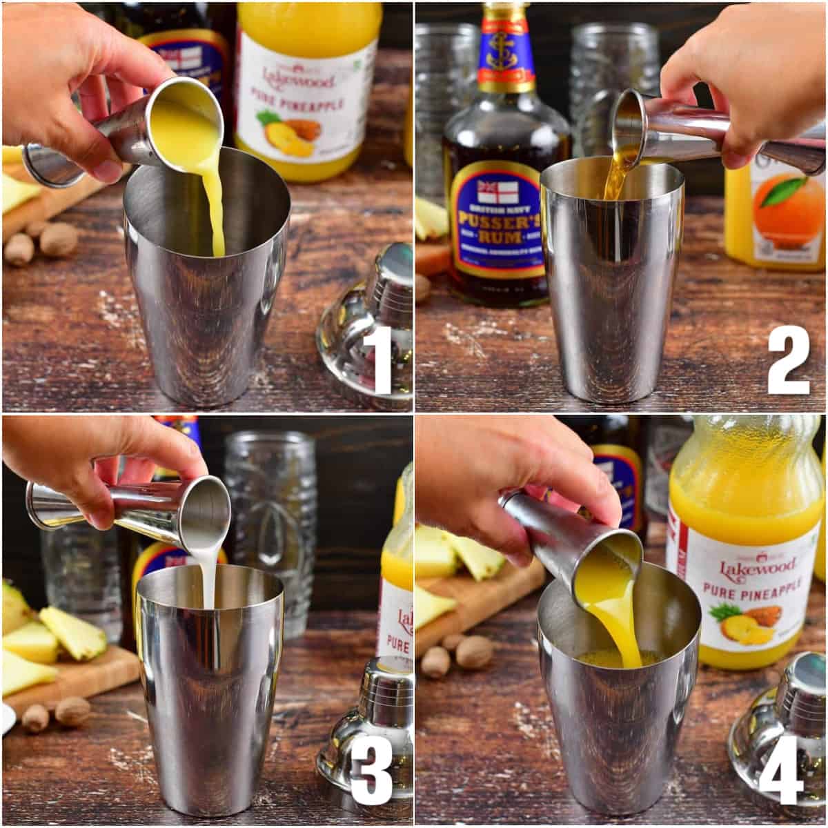 collage of four images of adding liquors and juices into the shaker.