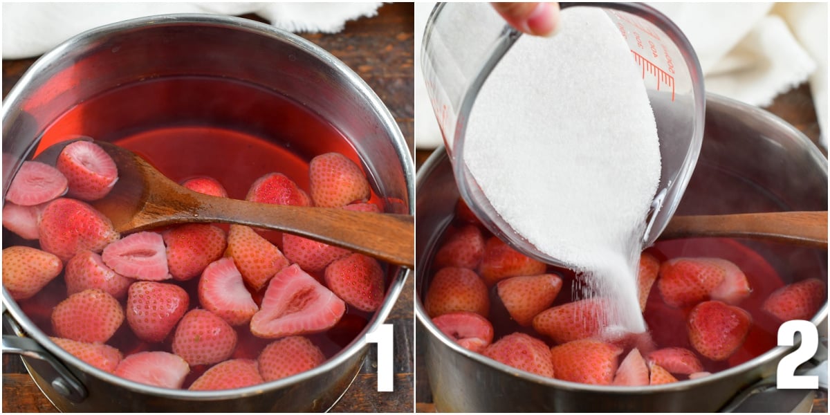 collage of two images of cooking strawberries in water and adding sugar to it.
