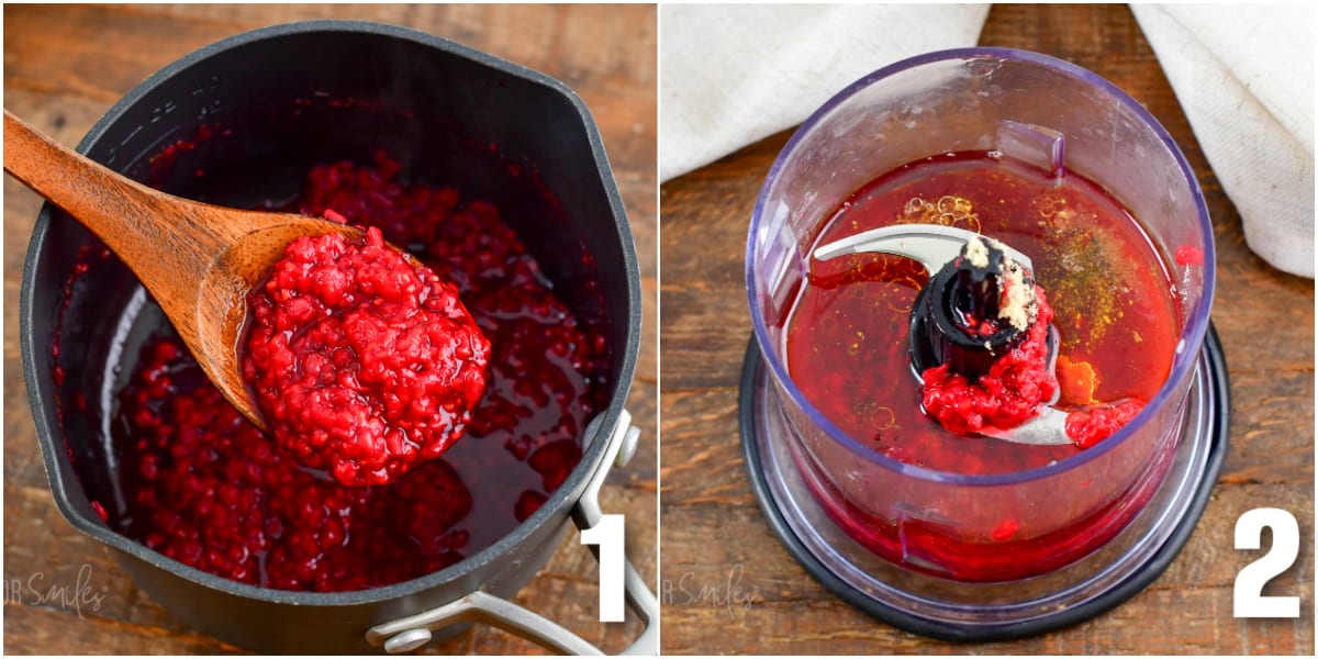 collage of two images of cooked raspberries in the pot and ingredients in the blender.