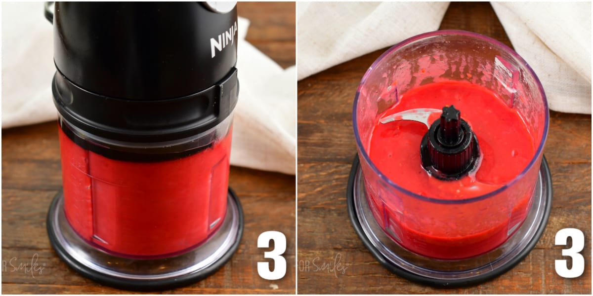 collage of two images of raspberry vinaigrette in the blender blending.