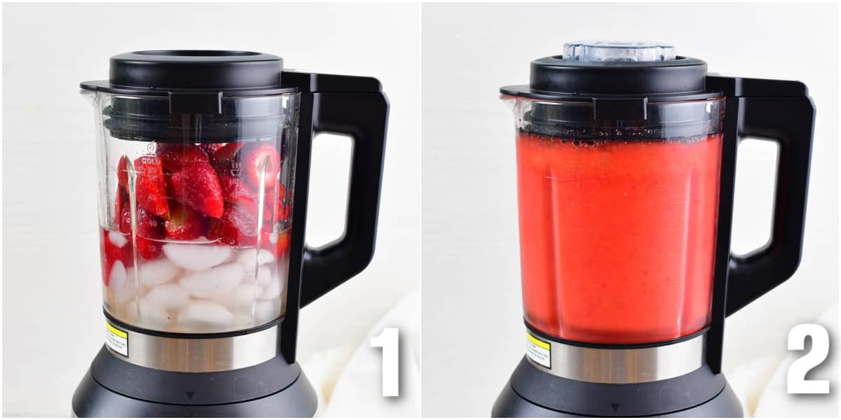 ingredients to make frozen strawberry daiquiri in the blender before and after blending.