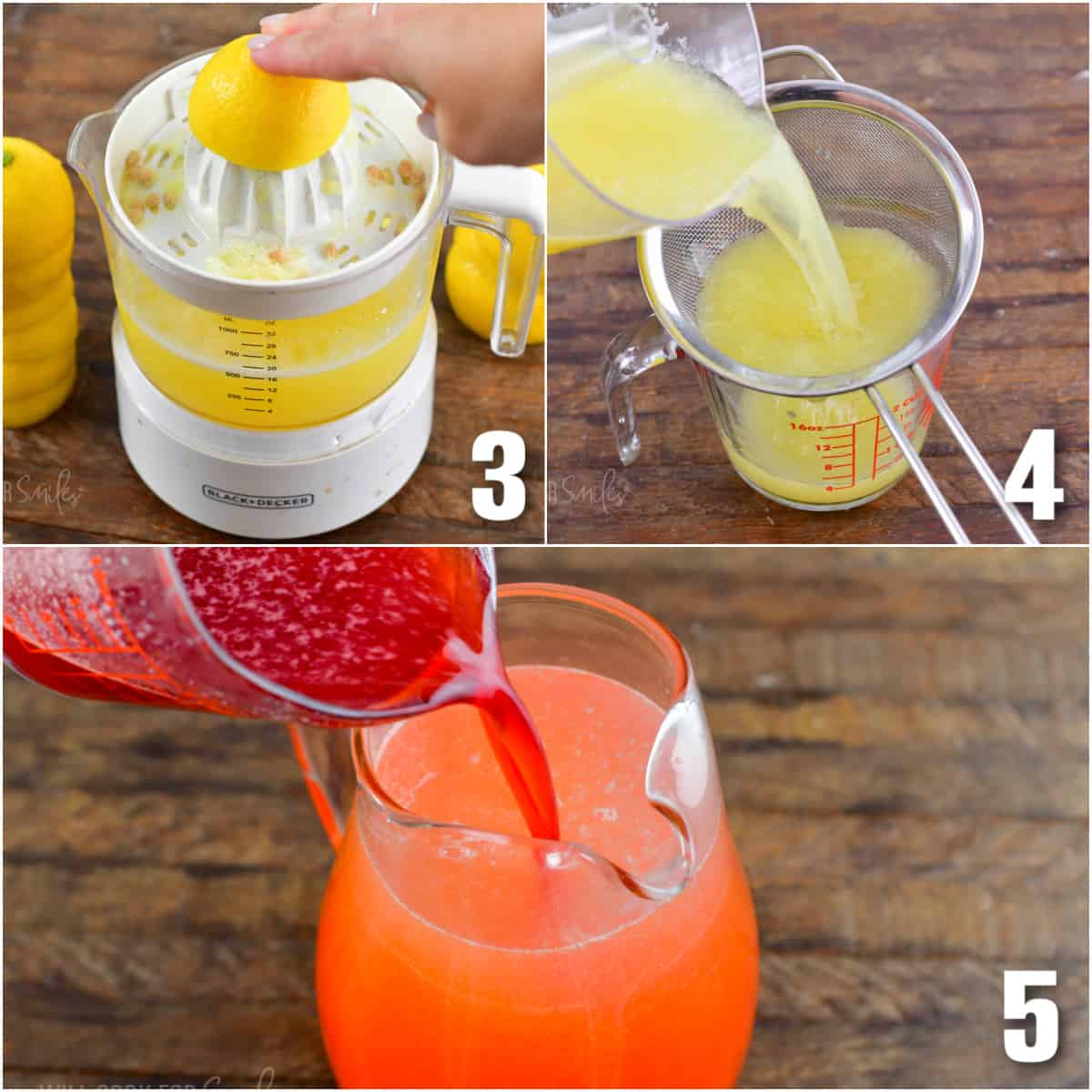 collage of there images of juicing lemons, straining lemon juice, and adding strawberry juice.
