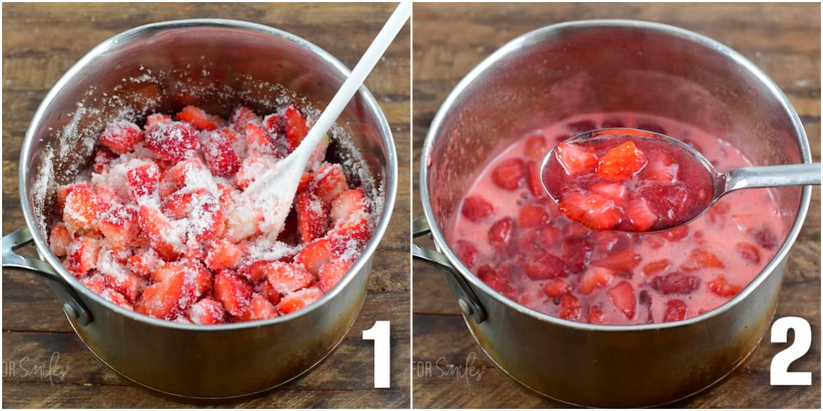 collage of two images of cut strawberries coated in sugar in a pot and cooked.