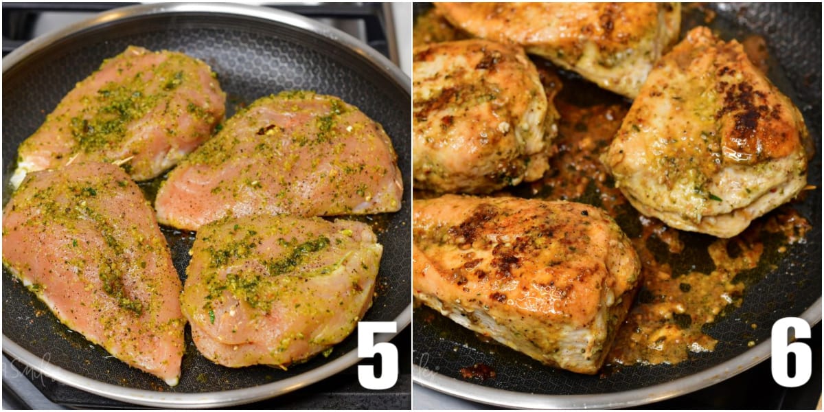 collage of two images of sautéing chicken in the pan and cooked chicken in the pan.