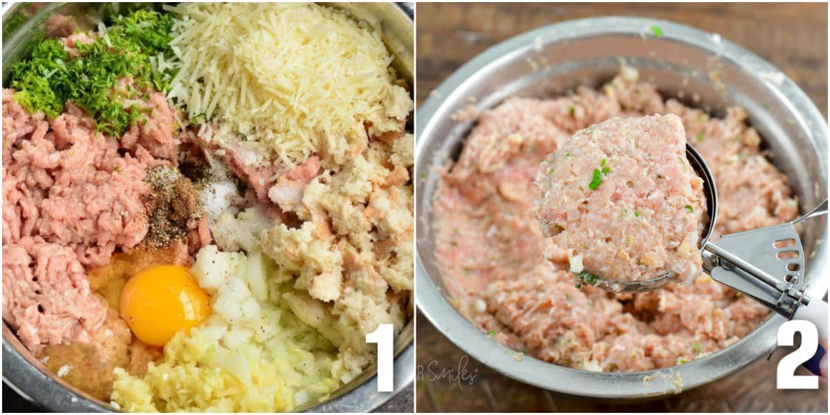 collage of two images of ingredients for turkey burgers in a bowl and mixed and scooped.