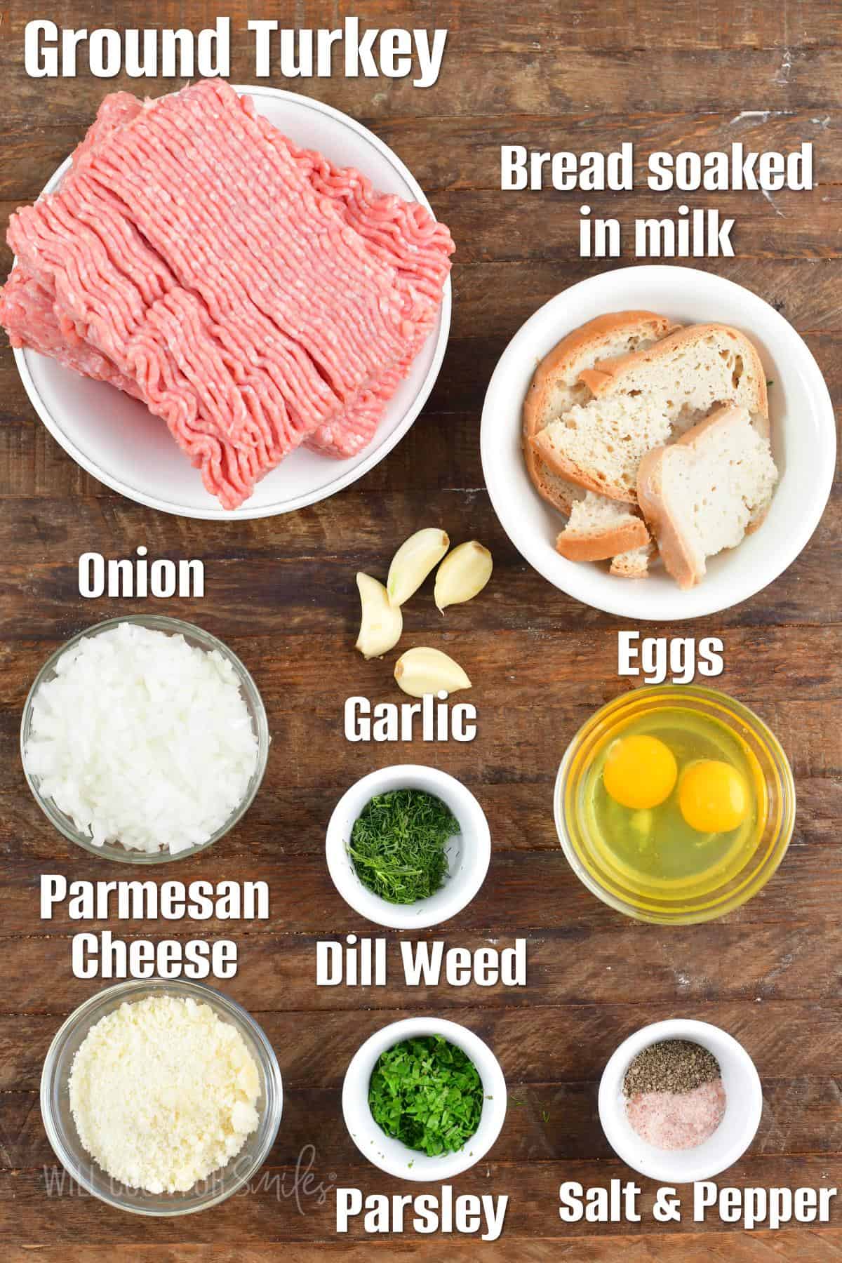labeled ingredients to make turkey burgers on a wooden background.