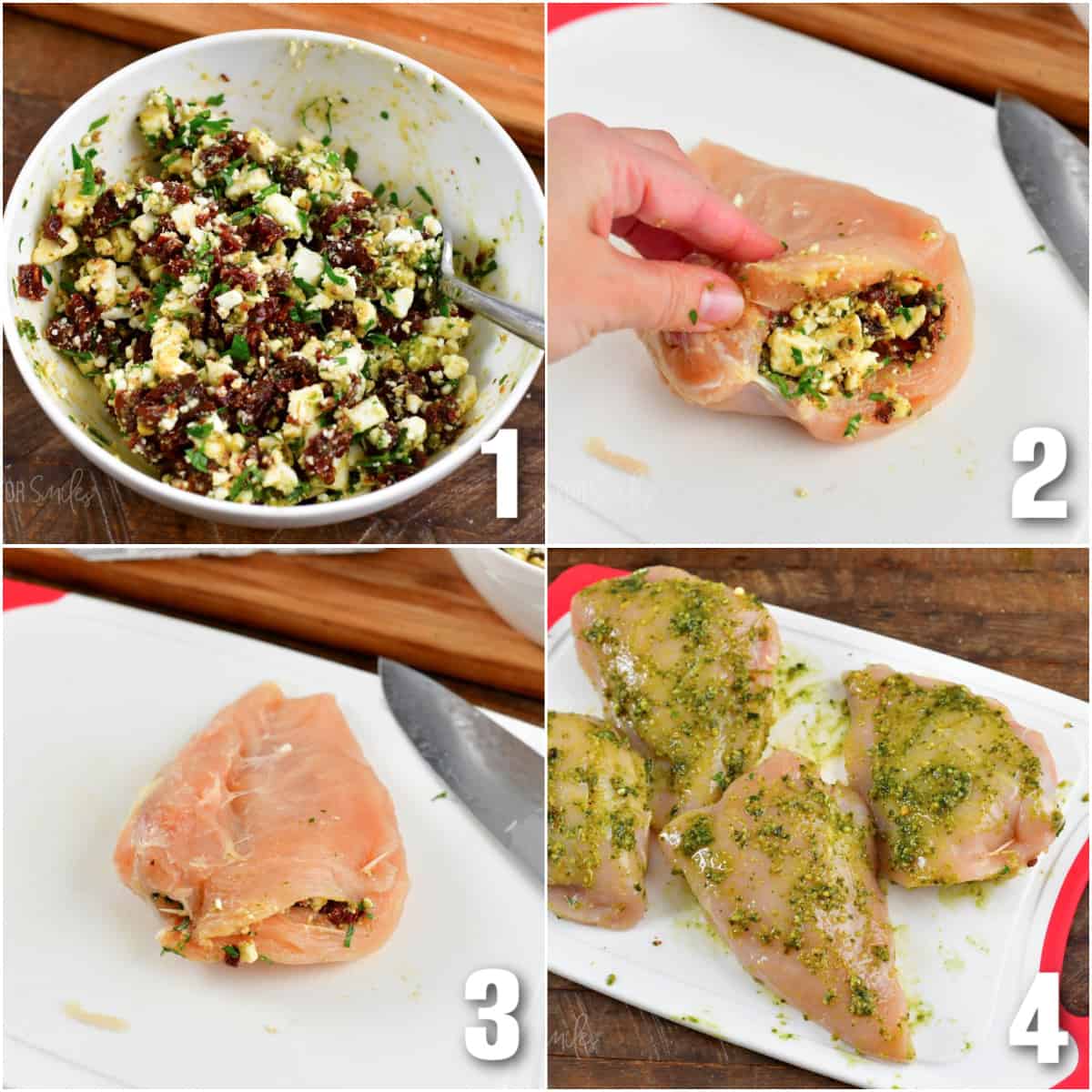 collage of four images of mixing filling and stuffing chicken.