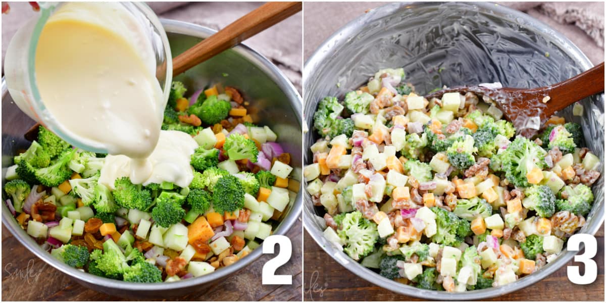 Two process images show creamy mayo dressing being poured on a prepared salad, then mixed with the salad. 