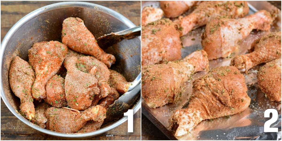 One image shows raw chicken drumsticks being seasoned. A second photo shows the same chicken legs placed on a foil lined baking sheet. 