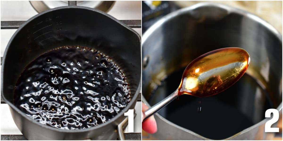 In the first photo, balsamic reduction is cooking in a pot. In the second photo, balsamic reduction is coating the back of a spoon. 