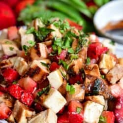 chicken salad made with cubed chicken, mozzarella, strawberries and balsamic.