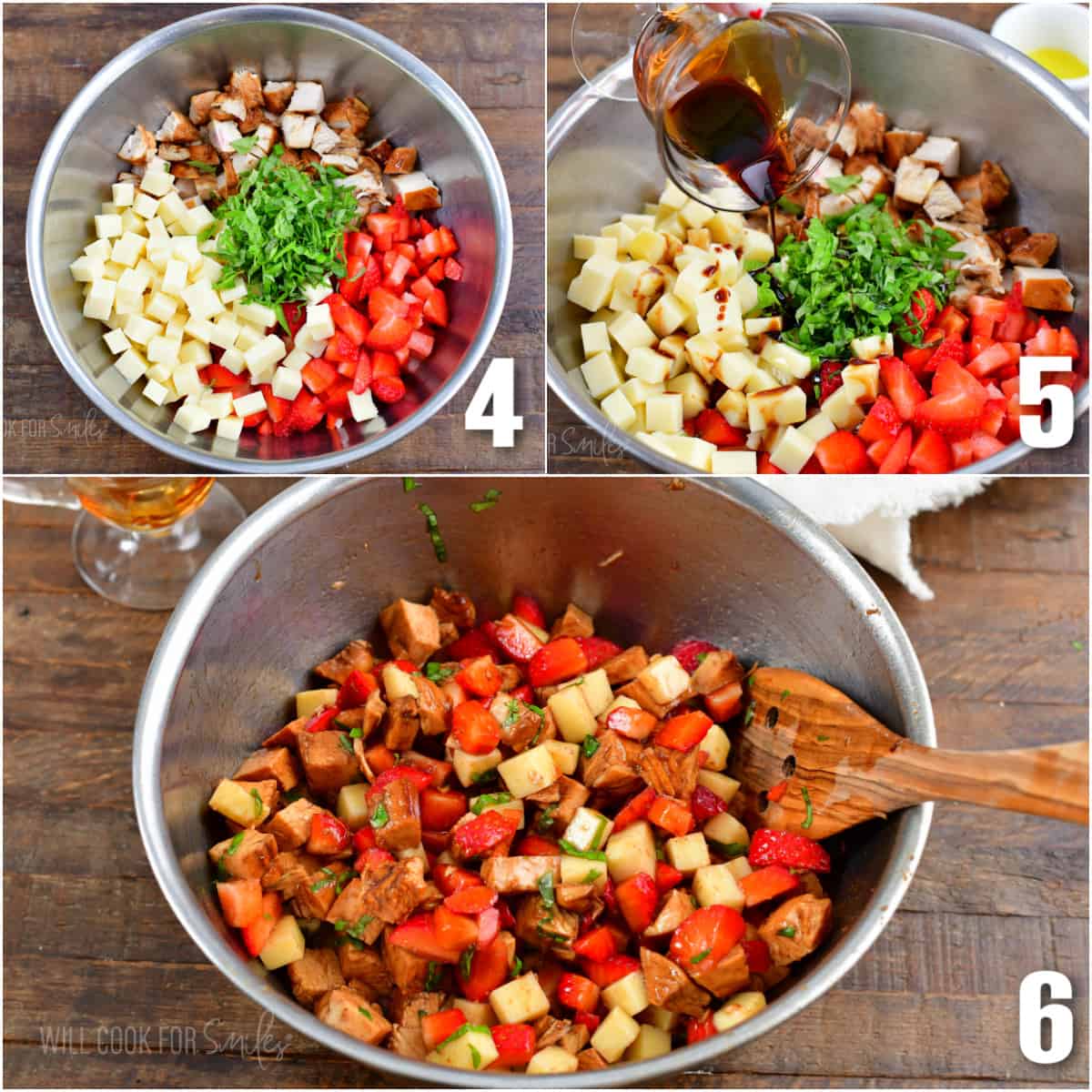 In the first photo, the ingredients for the salad are placed in a bowl side by side. In the next photo, balsamic reduction is being poured onto the ingredients. In the final photo, everything has been tossed together. 