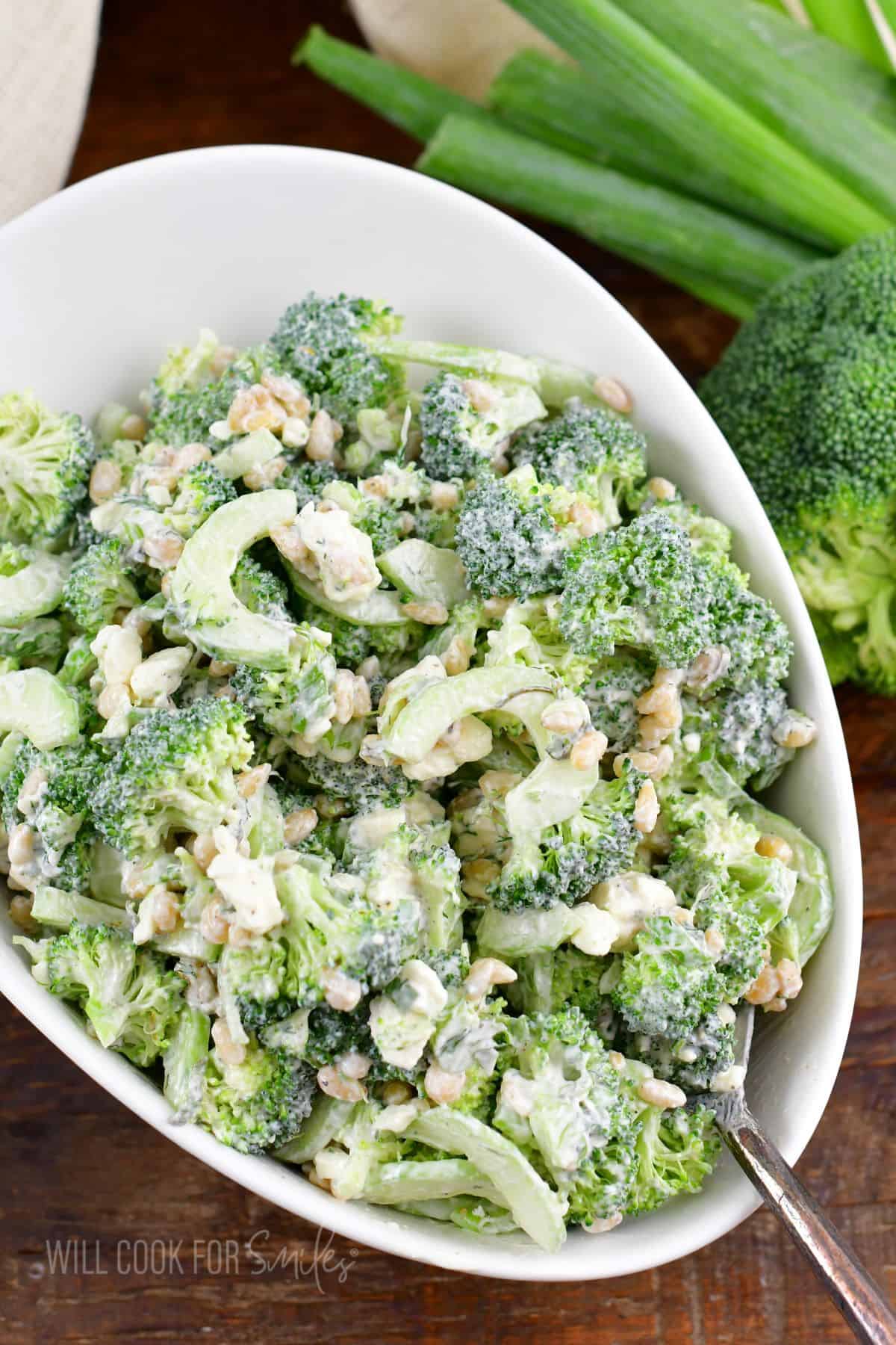 Cucumber broccoli salad is presented in a large white bowl. 