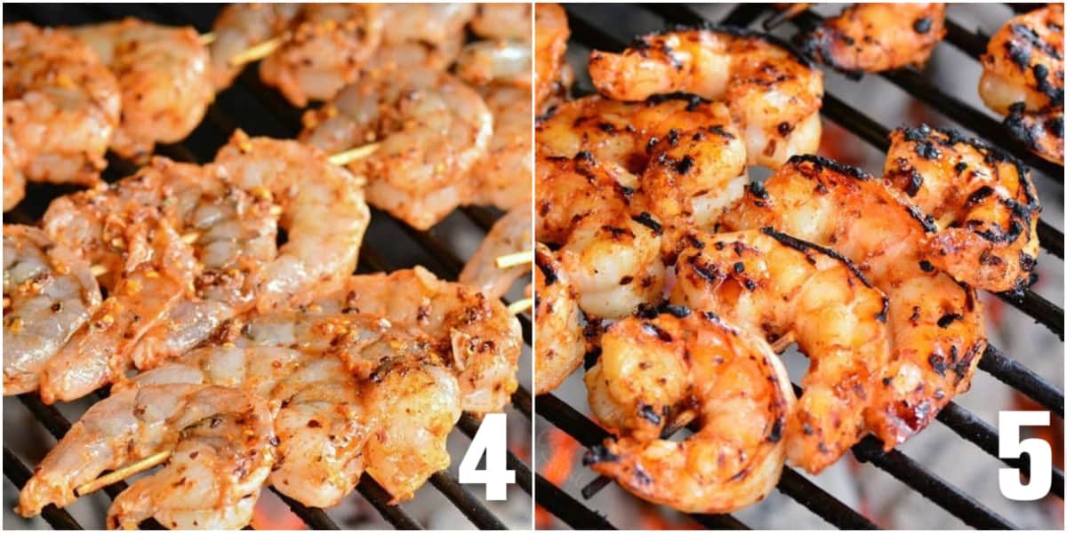 collage of two images of raw skewered shrimp on the grill and grilled shrimp skewers on the grill.