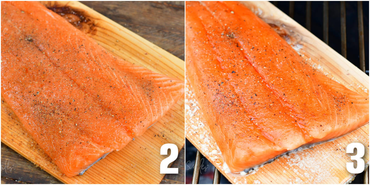 collage of two images of raw salmon filet on the wood plank and  salmon on the plank of the grill.