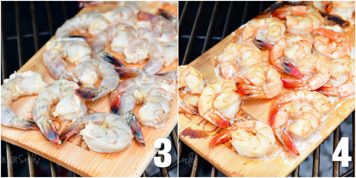 Raw shrimp are placed on a cedar plank next to another image of cooked shrimp on a cedar plank. 