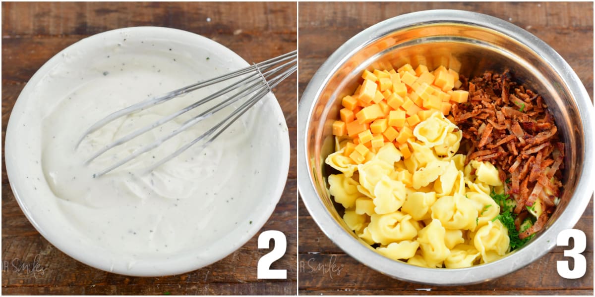 collage of two images of ranch sauce being whisked and a bowl of pasta salad ingredients.