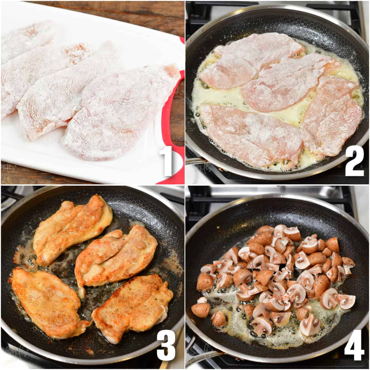 collage of four images of breading chicken cutlets, cooking them and cooking mushrooms.