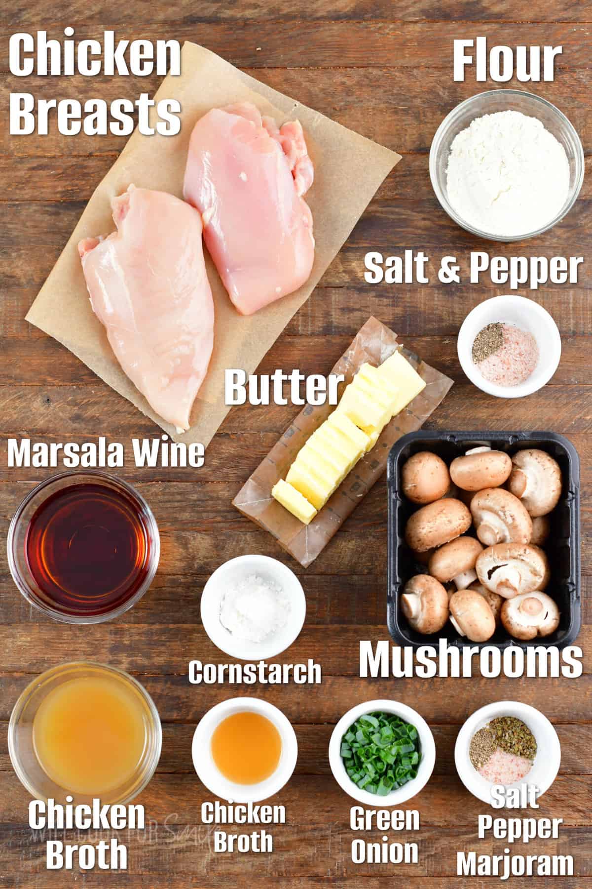 labeled ingredients to make chicken marsala on a wooden background.