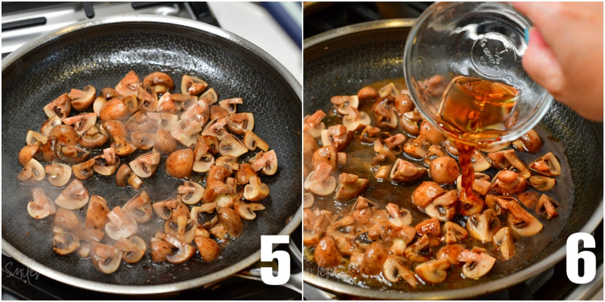 collage of two images of searing mushrooms and adding marsala wine to the pan.