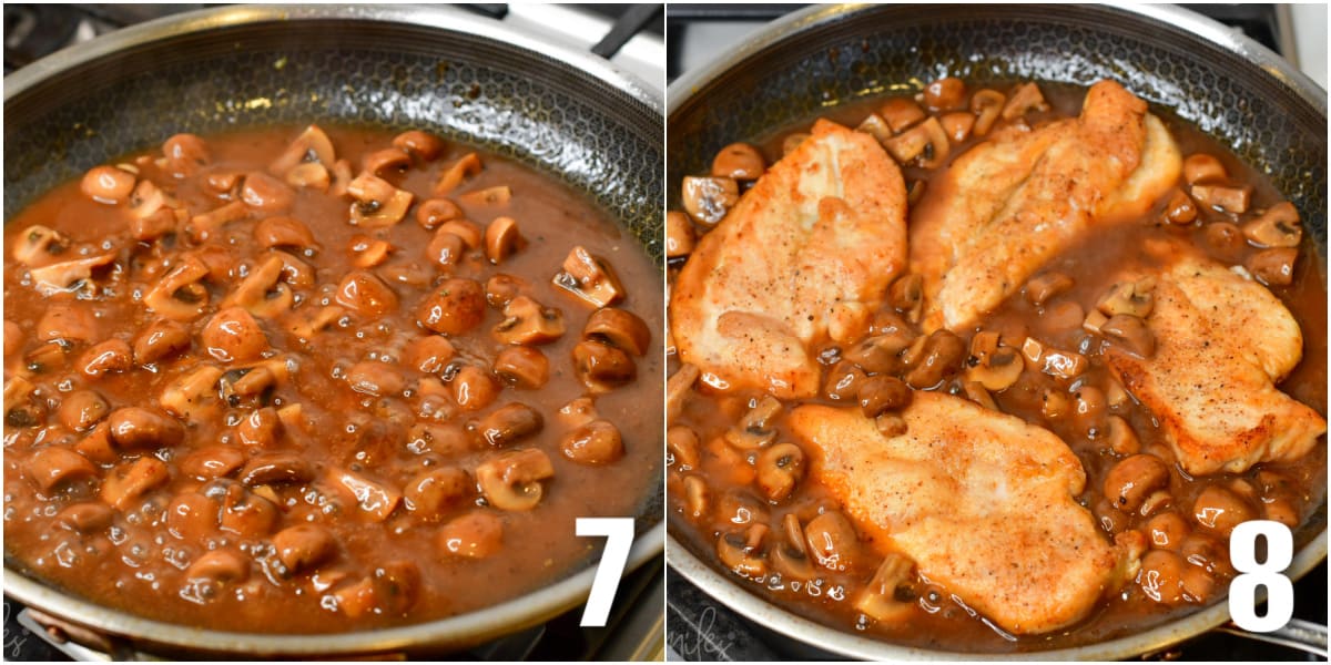 collage of two images of simmering mushrooms in sauce and adding chicken to the pan.