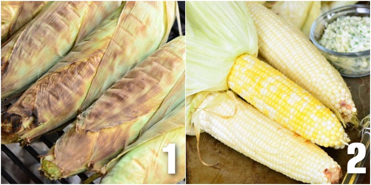 collage of two photos of corn in husks on the grill and then husks pulled off.