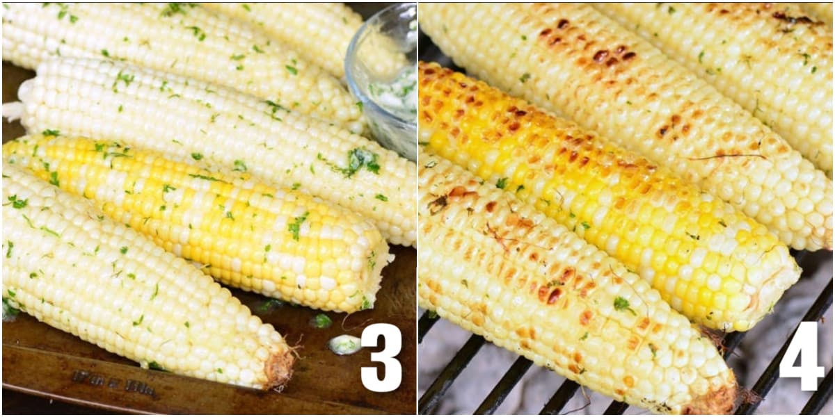collage of two images of cooked corn smothered with herb butter and corn on the grill.