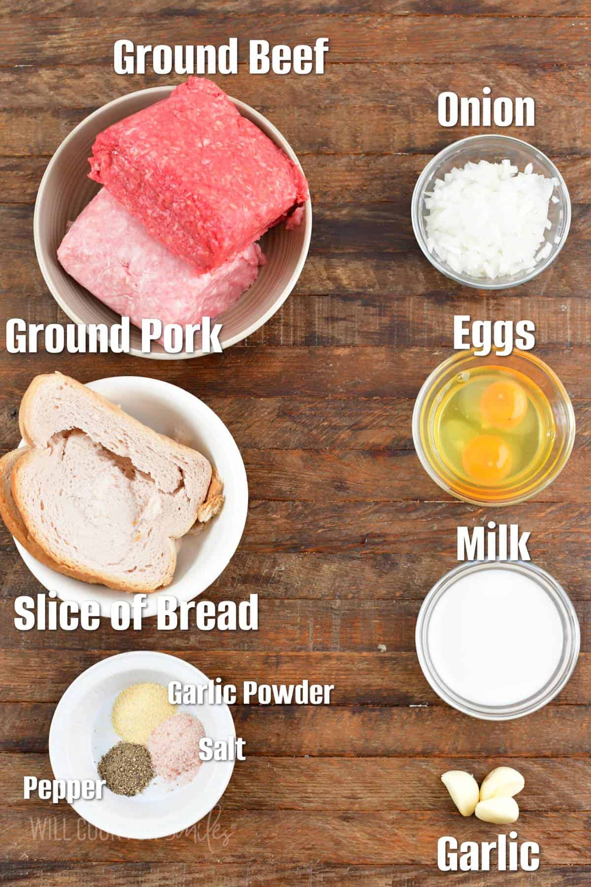 labeled ingredients to make basic meatballs on wooden background.