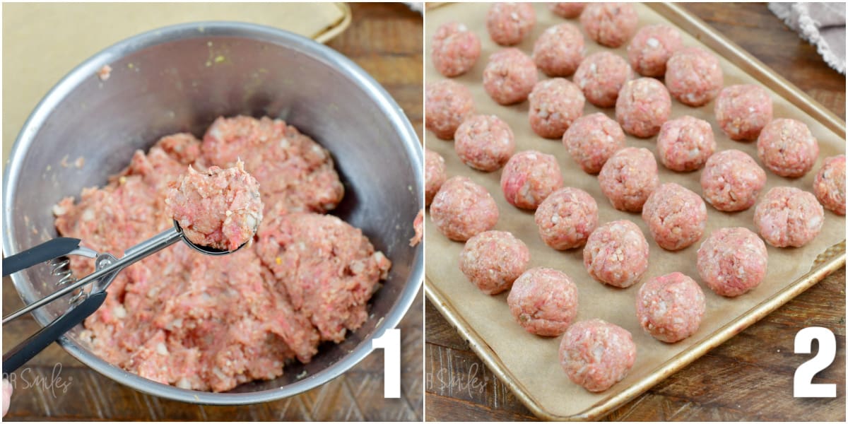 collage of two images of meatball mixture being scooped and rolled into meatballs.