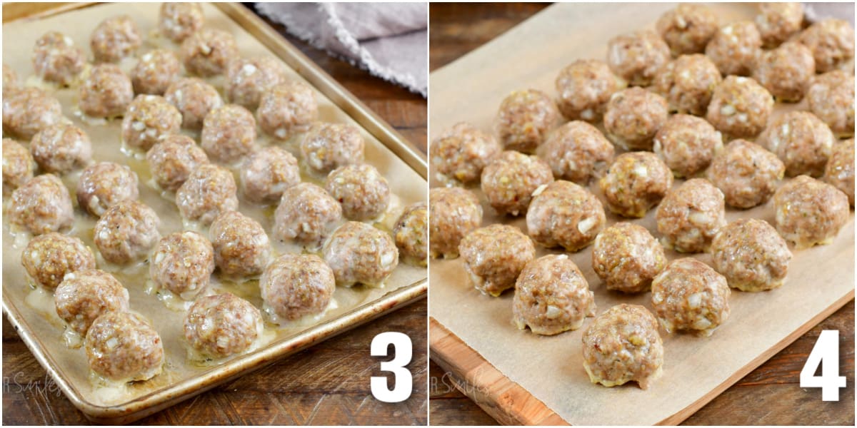 collage of two images of meatballs baked and layered on parchment.