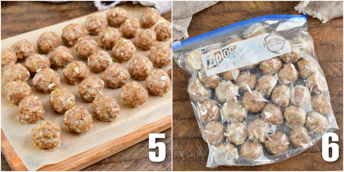 collage of two images of frozen meatballs of cutting board and in the zip-top bag.