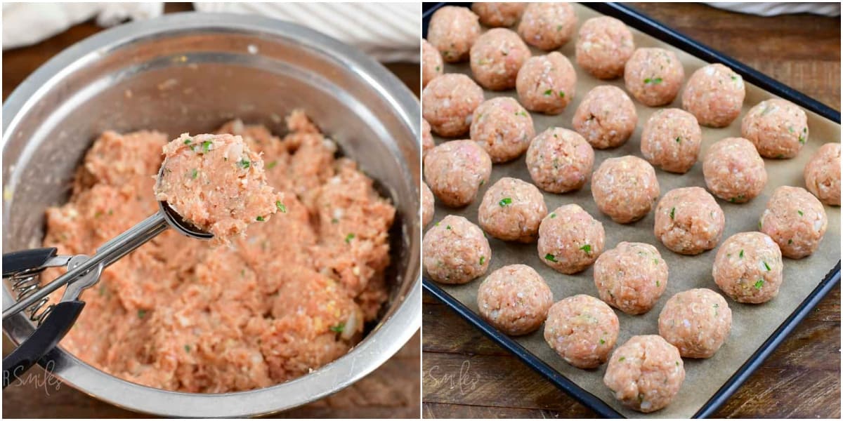 collage of two images of scooping turkey meatball mixture and rolled into meatballs.