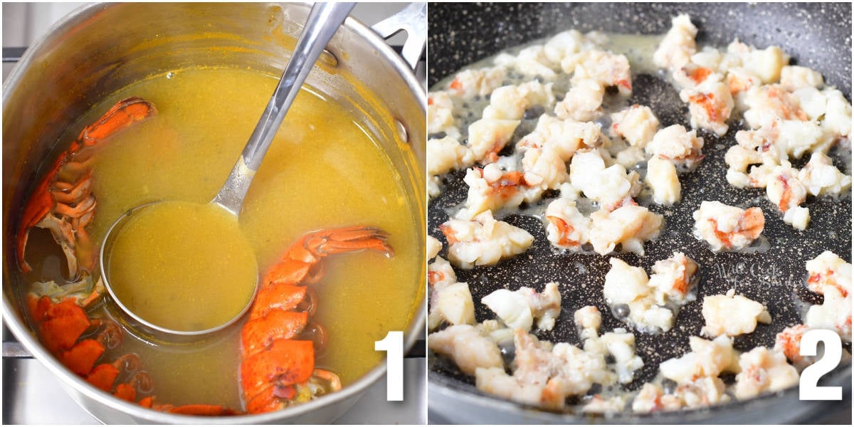 collage of two images of heating up seafood stock and sautéing the lobster tail meat.