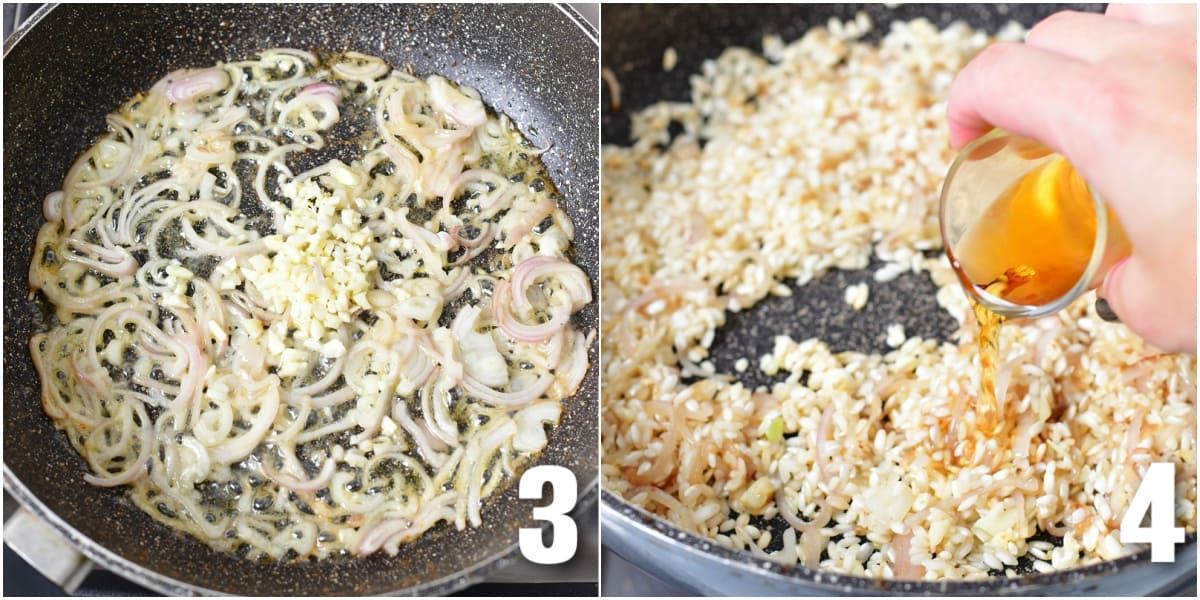 collage of two images of sautéing shallots and garlic and adding cognac to rice.