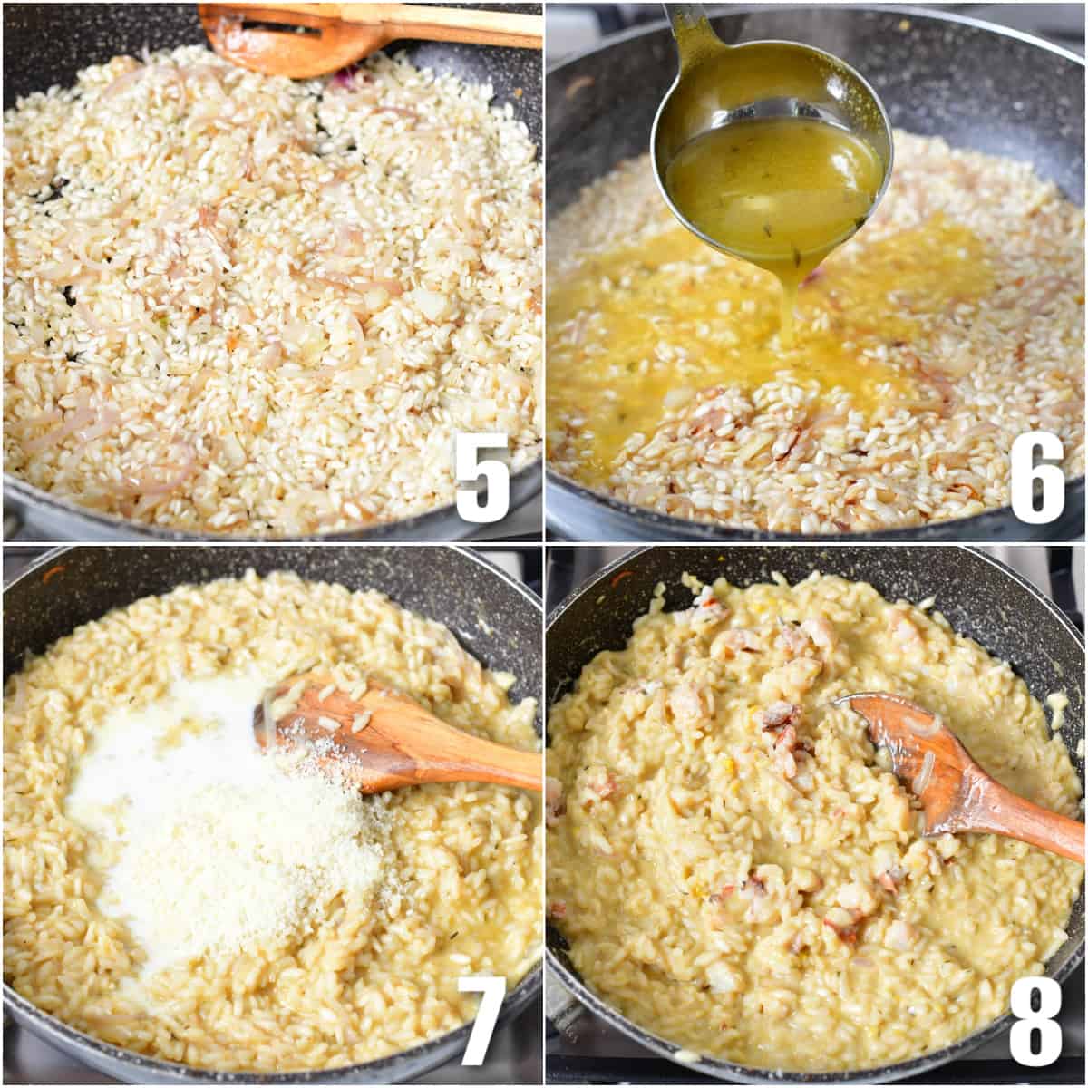 collage of four images of cooking risotto by adding more stock and then parmesan and cream.