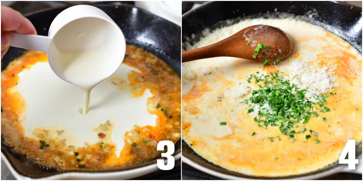 collage of two images of adding cream to the pan with sauce and adding parmesan and herbs.