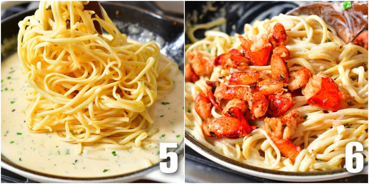collage of two images of adding pasta to the pan with cream sauce and then adding lobster meat.