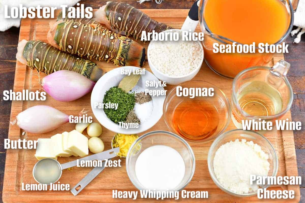 labeled ingredients to make lobster risotto on the cutting board.