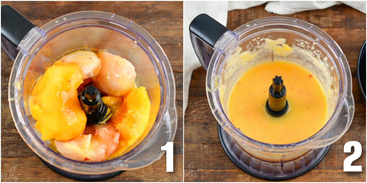 In the first photo, the ingredients for peach puree are placed in a food processor. The second photo shows blended peach puree. 