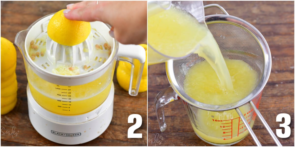 collage of two images of juicing lemons and straining fresh lemon juice.