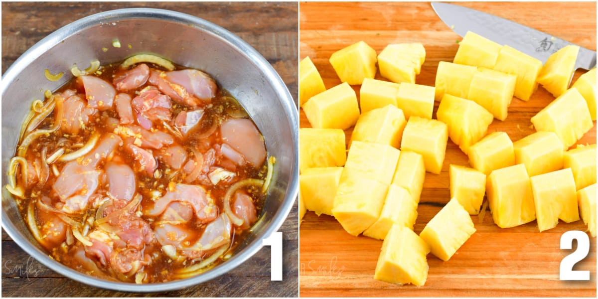 two process photos show chicken being marinated next to chopped pineapple chunks