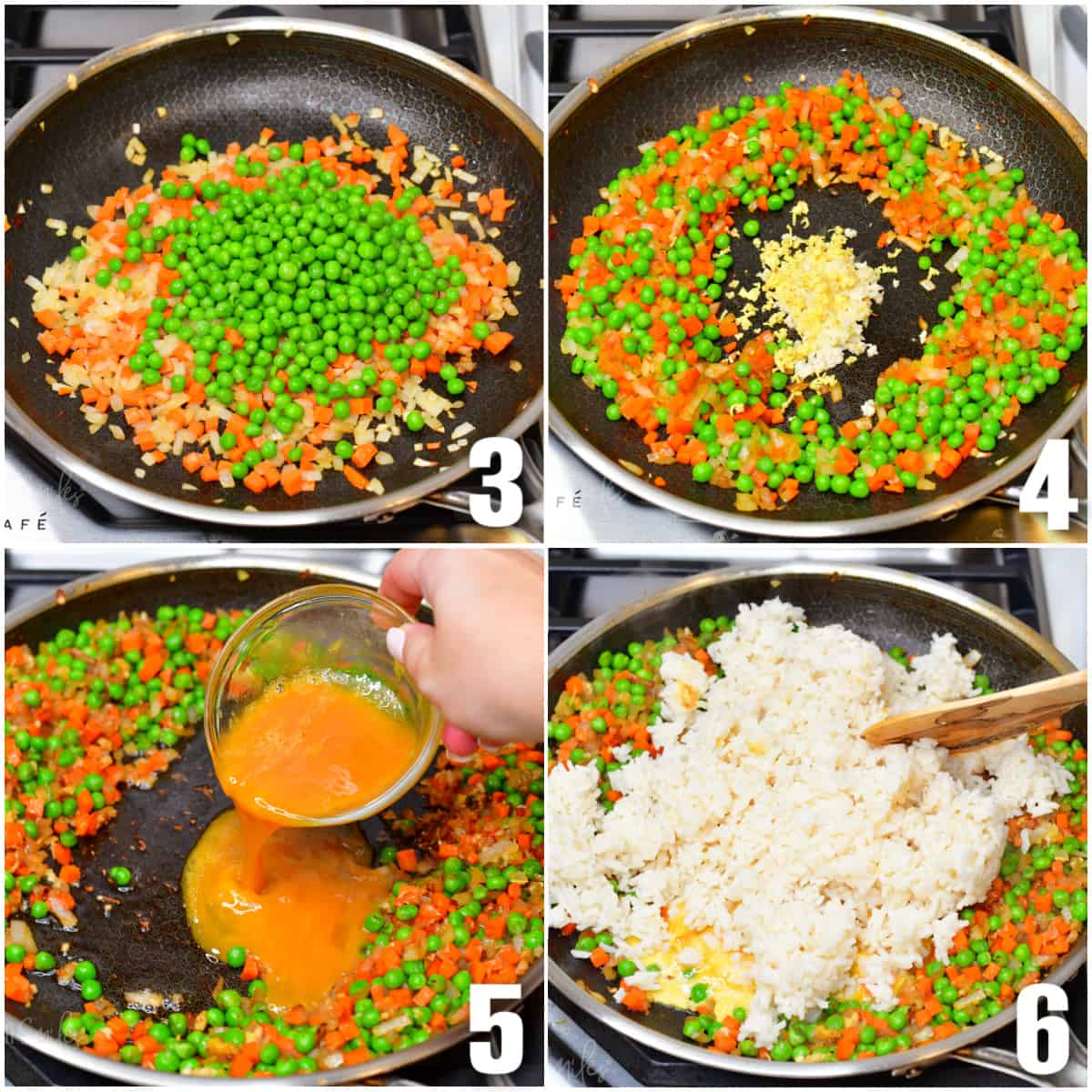 collage of four images of cooking veggies, then eggs, and rice for fried rice.