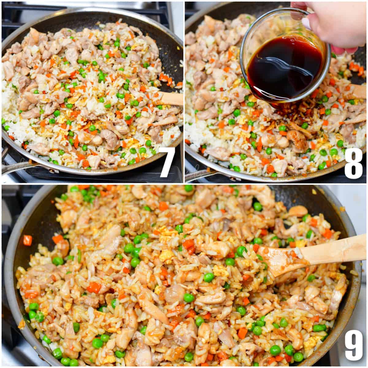 collage of three images of stirring this fried rice then adding the sauce and then stirring finished rice.
