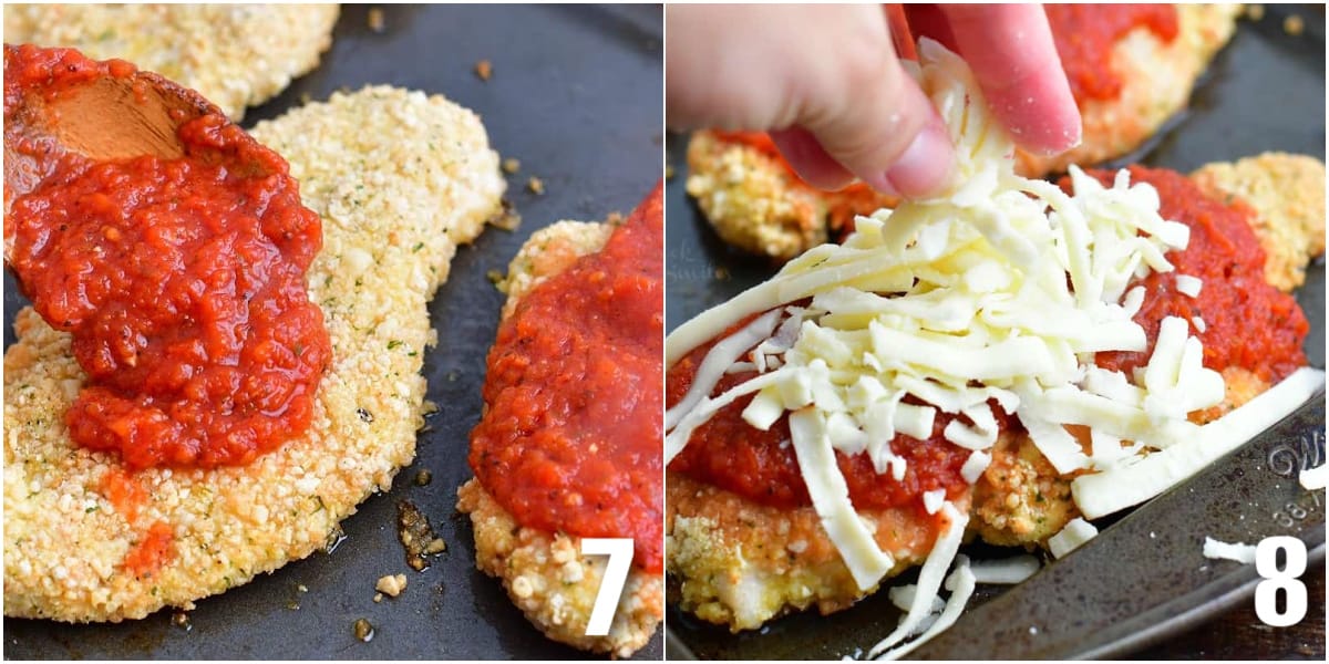 collage of two images of adding pasta sauce to the baked chicken and mozzarella cheese.