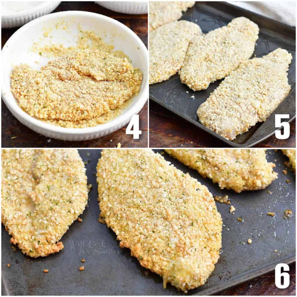 collage of three images of breading chicken and baking it.